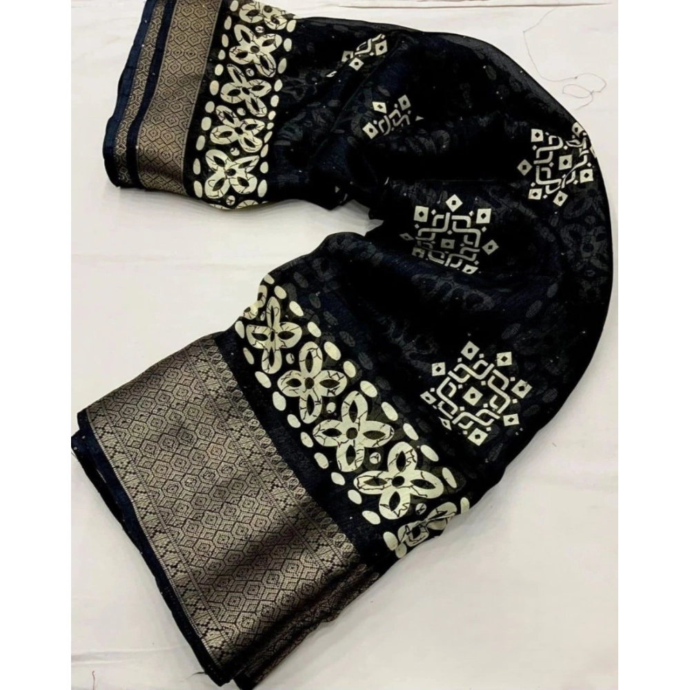 Generic Women's Cotton Silk Printed Saree With Unstitched Blouse 5.5Mtr (Black) - Image 4