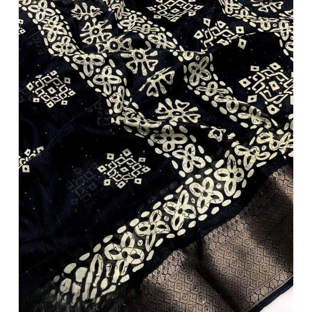Generic Women's Cotton Silk Printed Saree With Unstitched Blouse 5.5Mtr (Black) - Image 3