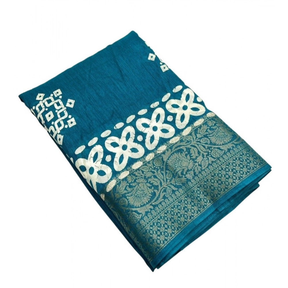 Generic Women's Cotton Silk Printed Saree With Unstitched Blouse 5.5Mtr (Rama) - Image 3