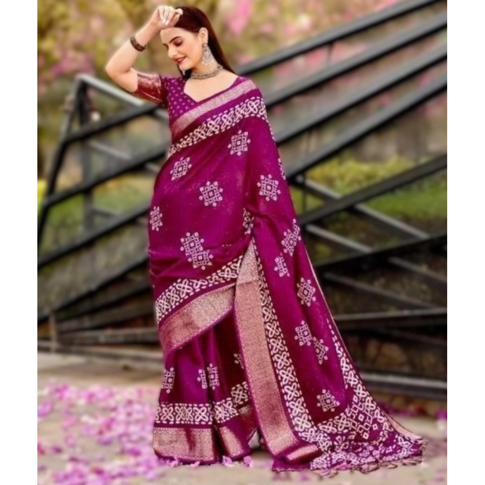 Generic Women’s Cotton Silk Printed Saree With Unstitched Blouse 5.5Mtr (Wine)