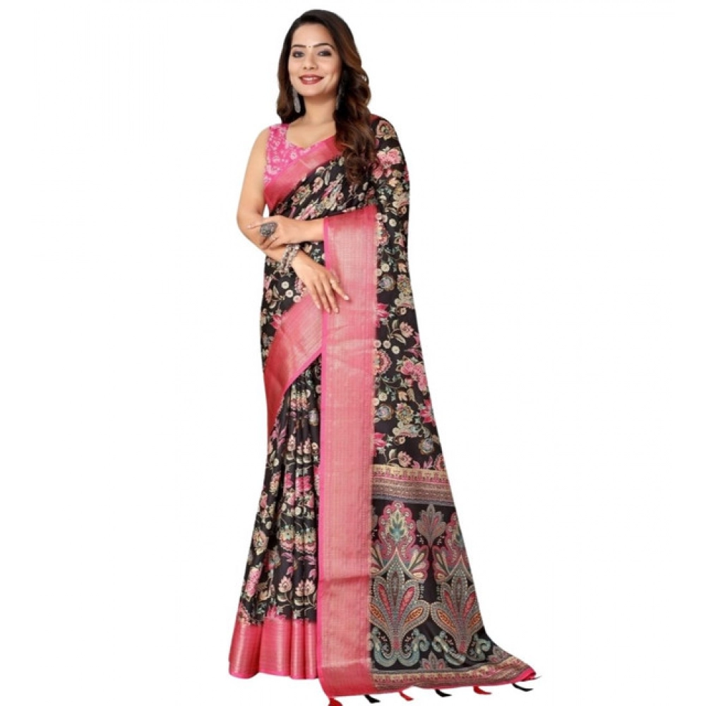Generic Women's Cotton Silk Floral Printed Saree With Unstitched Blouse 5.5Mtr (Multicolor) - Image 6