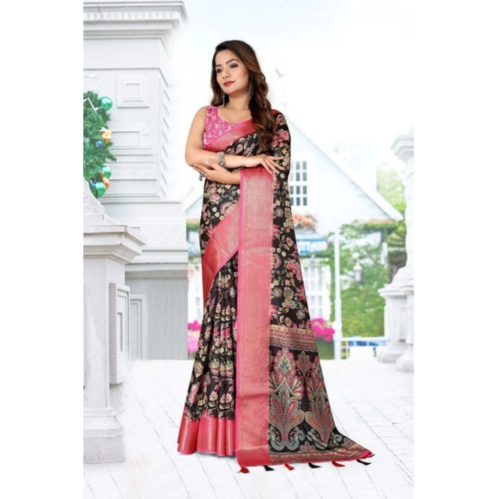 Generic Women's Cotton Silk Floral Printed Saree With Unstitched Blouse 5.5Mtr (Multicolor) - Image 5