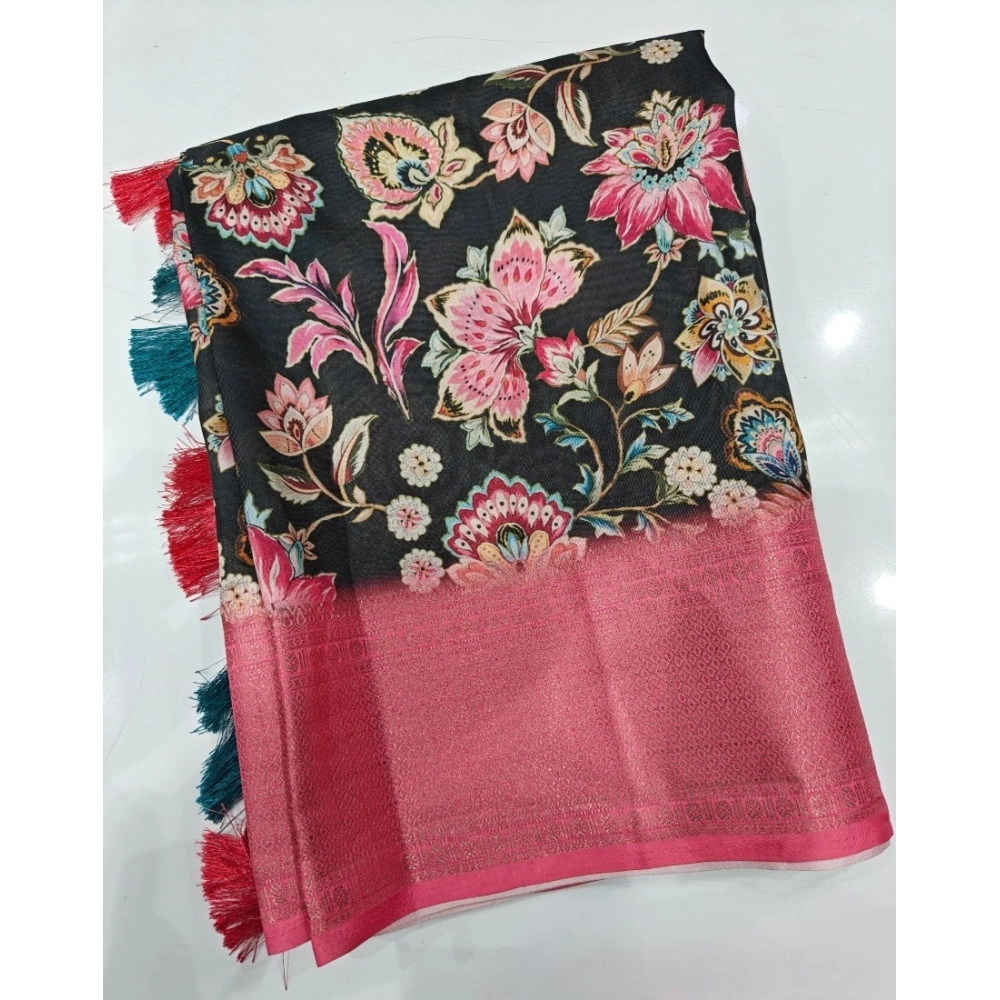 Generic Women's Cotton Silk Floral Printed Saree With Unstitched Blouse 5.5Mtr (Multicolor) - Image 4