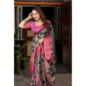 Generic Women's Cotton Silk Floral Printed Saree With Unstitched Blouse 5.5Mtr (Green-Pink)