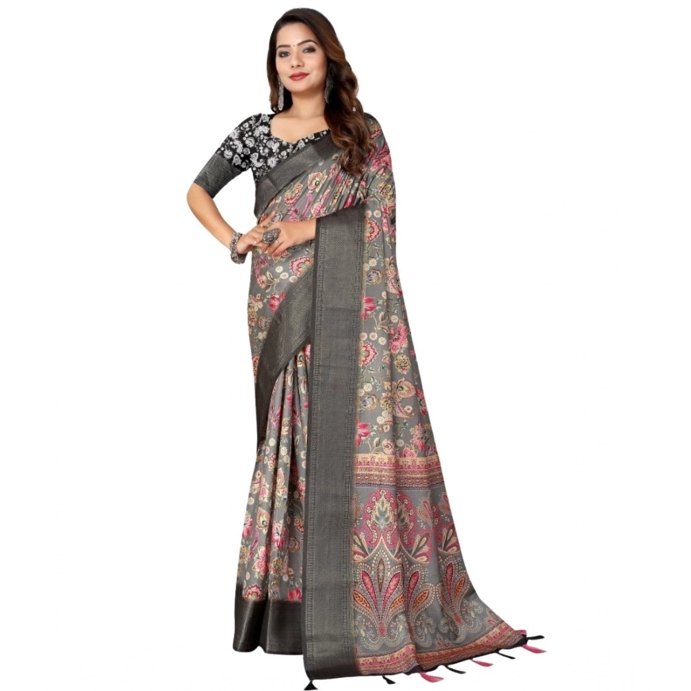 Generic Women's Cotton Silk Floral Printed Saree With Unstitched Blouse 5.5Mtr (Grey-Black) - Image 6
