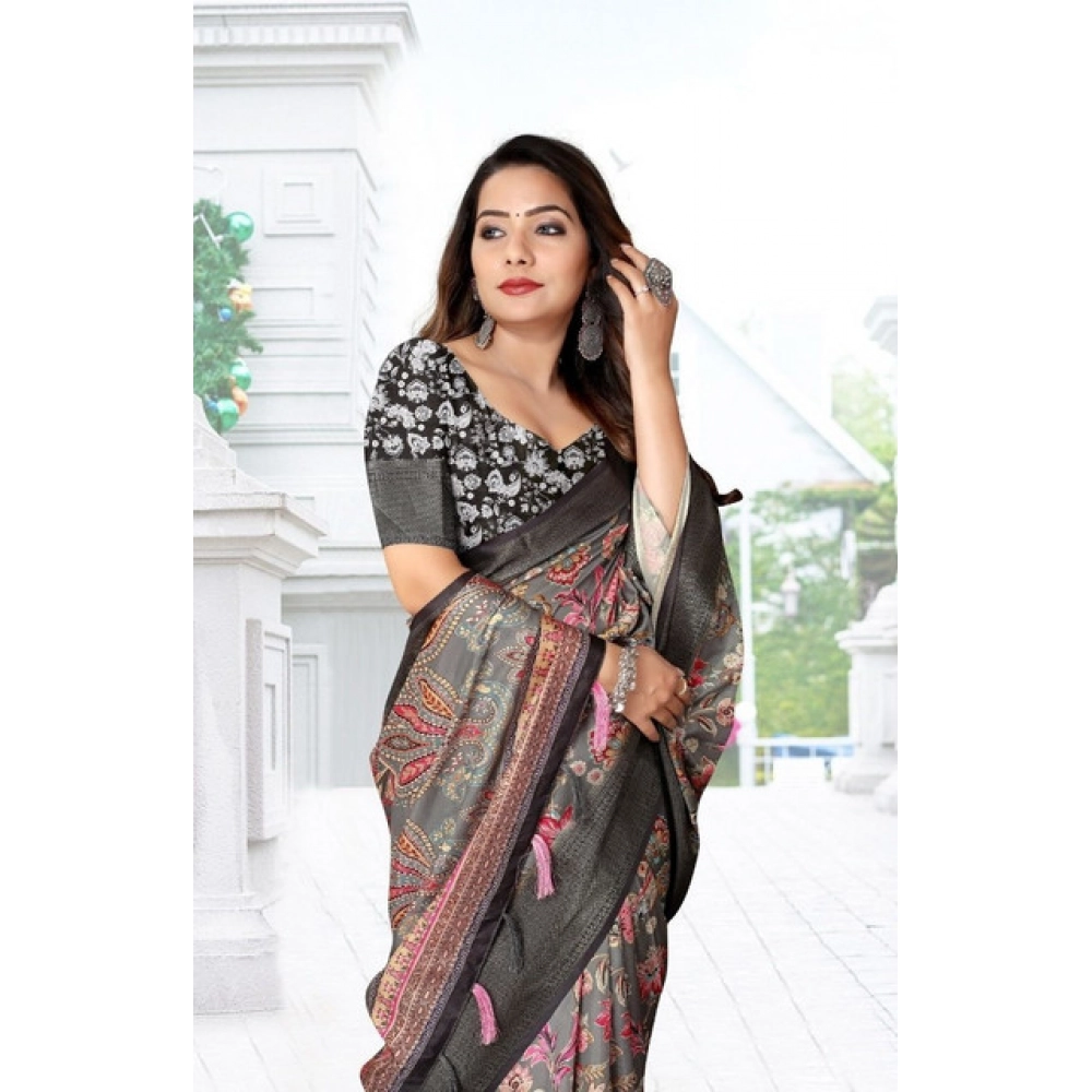 Generic Women's Cotton Silk Floral Printed Saree With Unstitched Blouse 5.5Mtr (Grey-Black) - Image 5