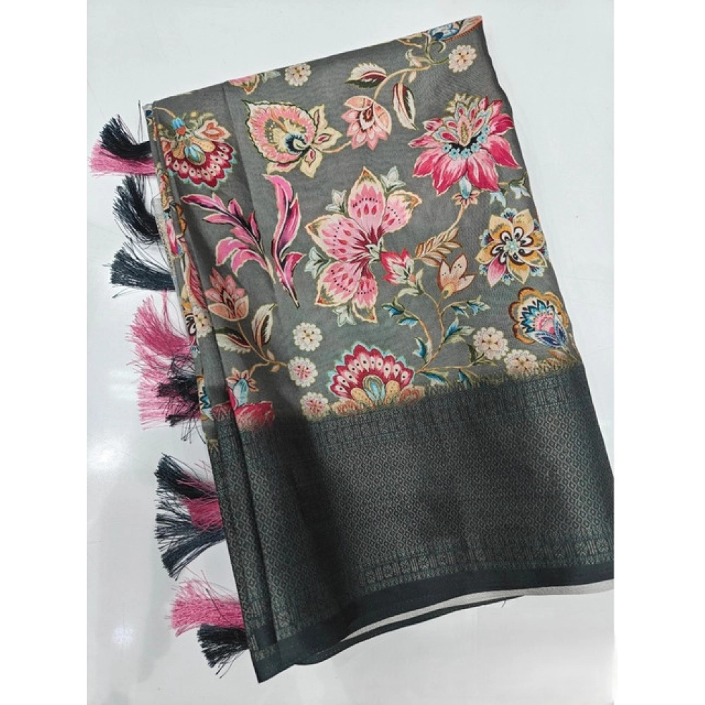 Generic Women's Cotton Silk Floral Printed Saree With Unstitched Blouse 5.5Mtr (Grey-Black) - Image 4