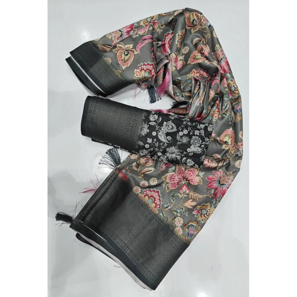 Generic Women's Cotton Silk Floral Printed Saree With Unstitched Blouse 5.5Mtr (Grey-Black) - Image 3