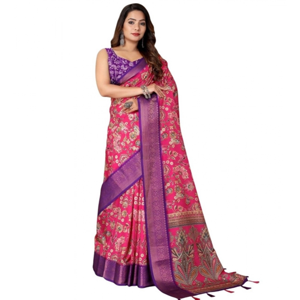 Generic Women's Cotton Silk Floral Printed Saree With Unstitched Blouse 5.5Mtr (Pink-Purple) - Image 6