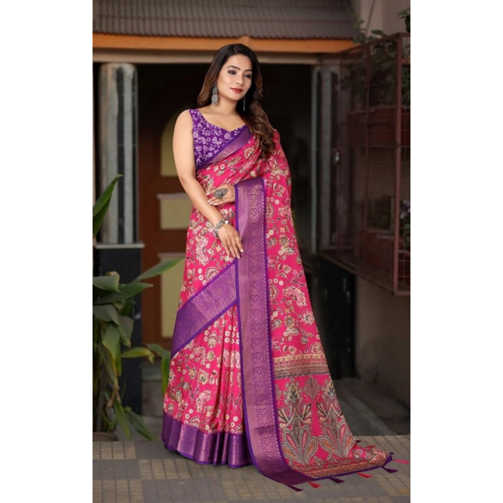 Generic Women's Cotton Silk Floral Printed Saree With Unstitched Blouse 5.5Mtr (Pink-Purple) - Image 5