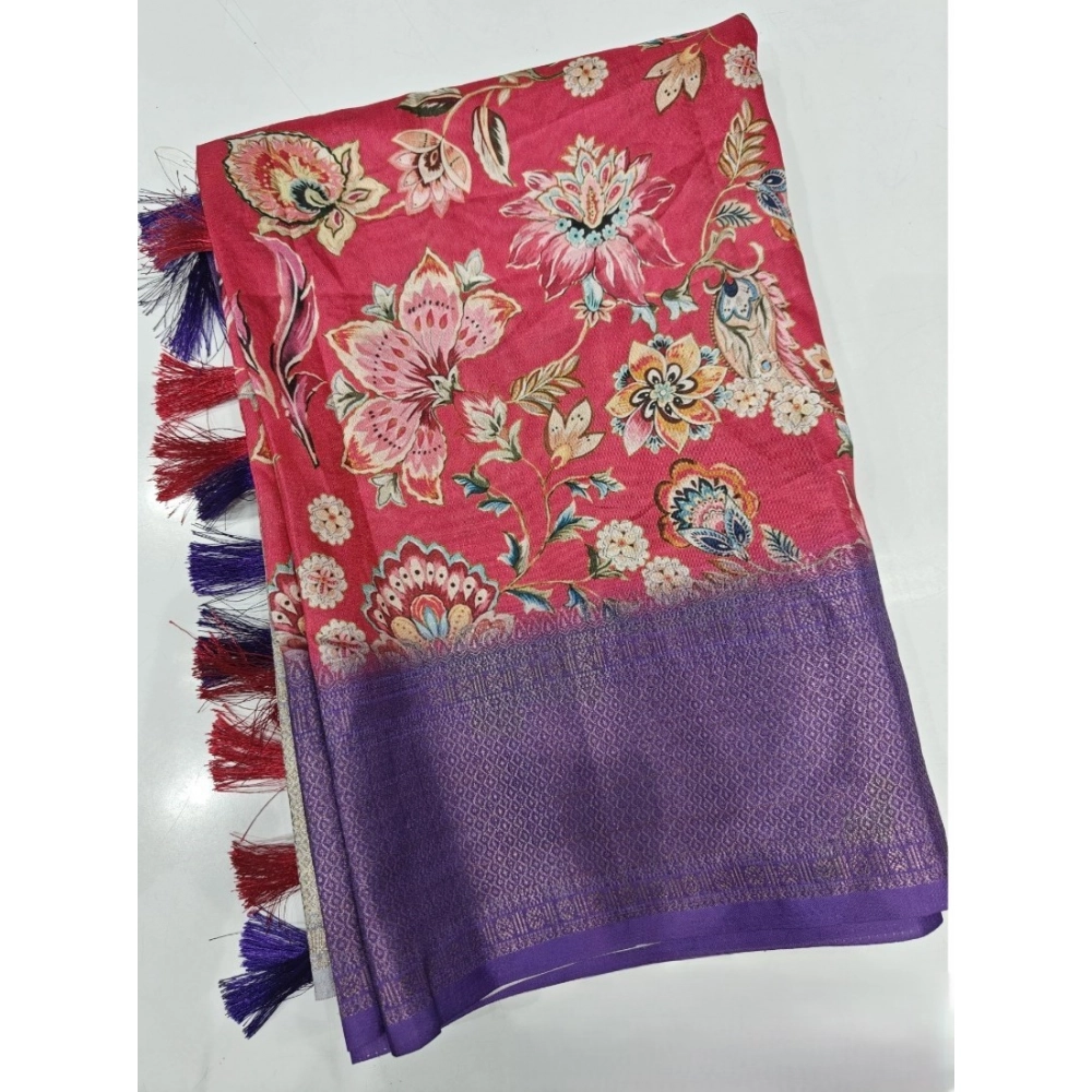 Generic Women's Cotton Silk Floral Printed Saree With Unstitched Blouse 5.5Mtr (Pink-Purple) - Image 4