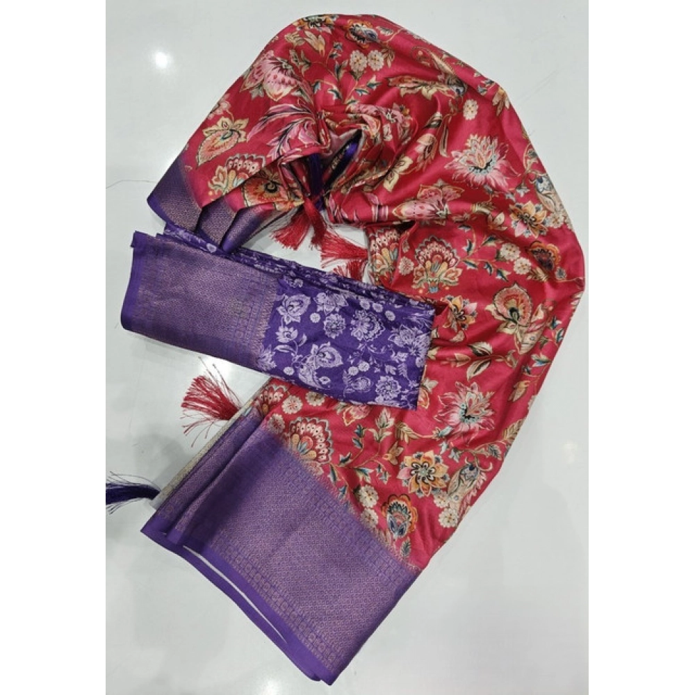 Generic Women's Cotton Silk Floral Printed Saree With Unstitched Blouse 5.5Mtr (Pink-Purple) - Image 3