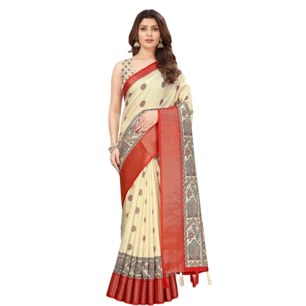 Generic Women's Cotton Silk Printed Saree With Unstitched Blouse 5.5Mtr (Cream) - Image 4