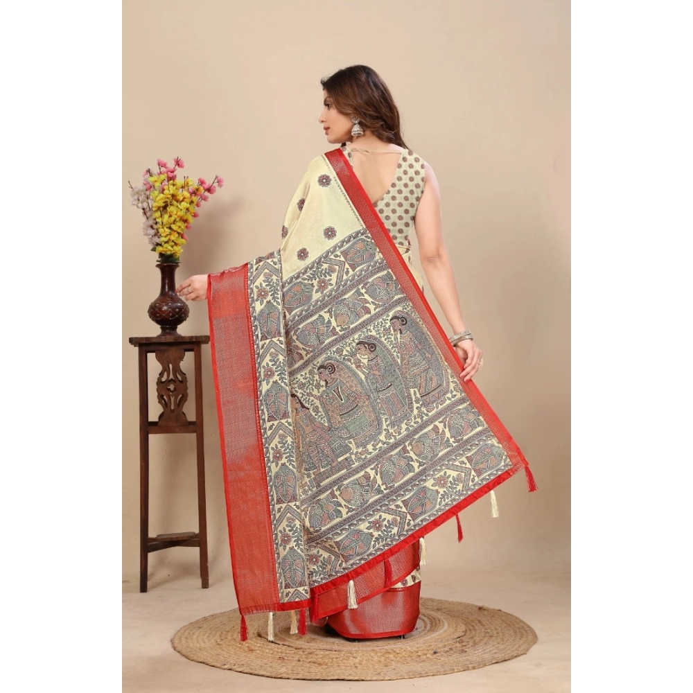 Generic Women's Cotton Silk Printed Saree With Unstitched Blouse 5.5Mtr (Cream) - Image 3