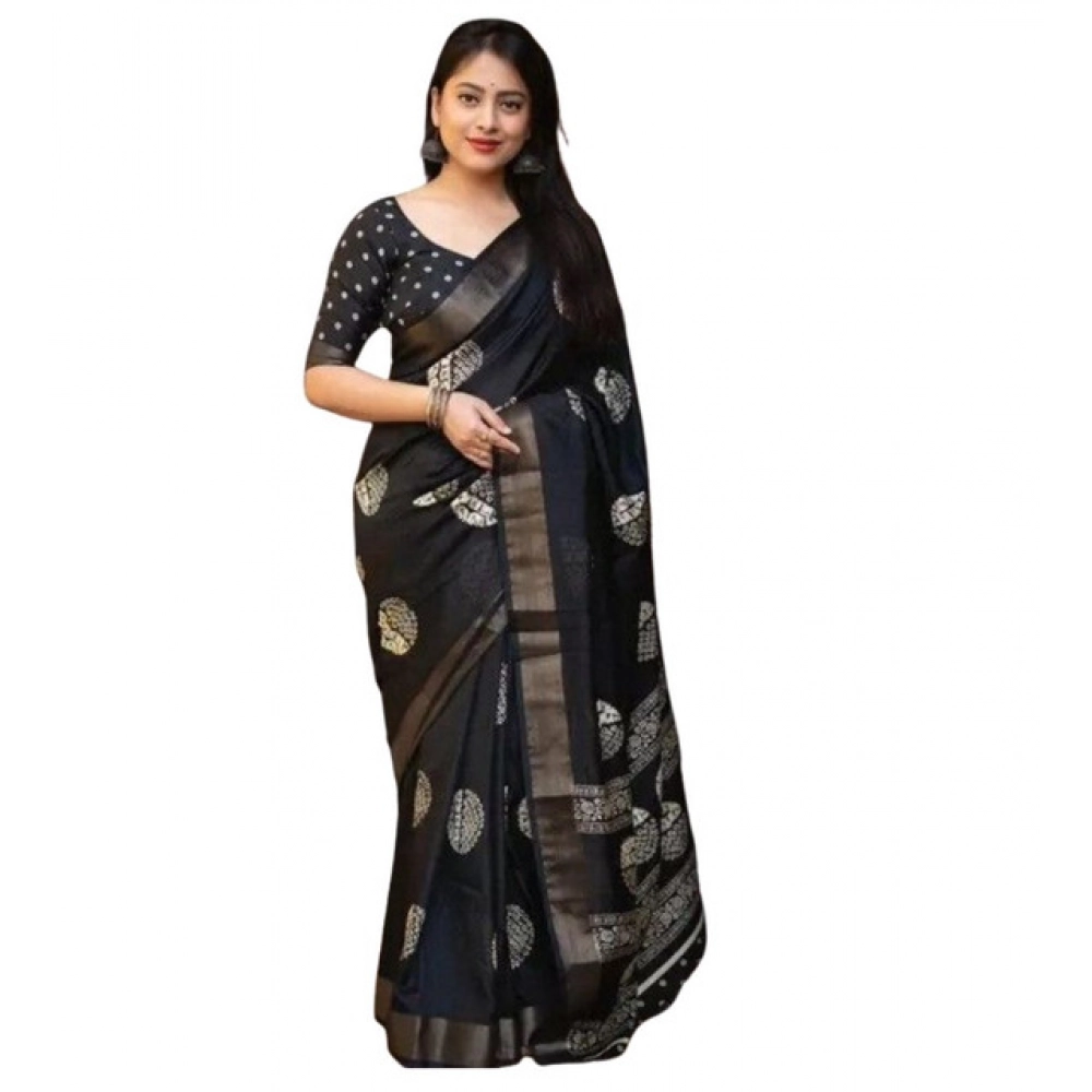 Generic Women's Cotton Silk Printed Saree With Unstitched Blouse 5.5Mtr (Black) - Image 5