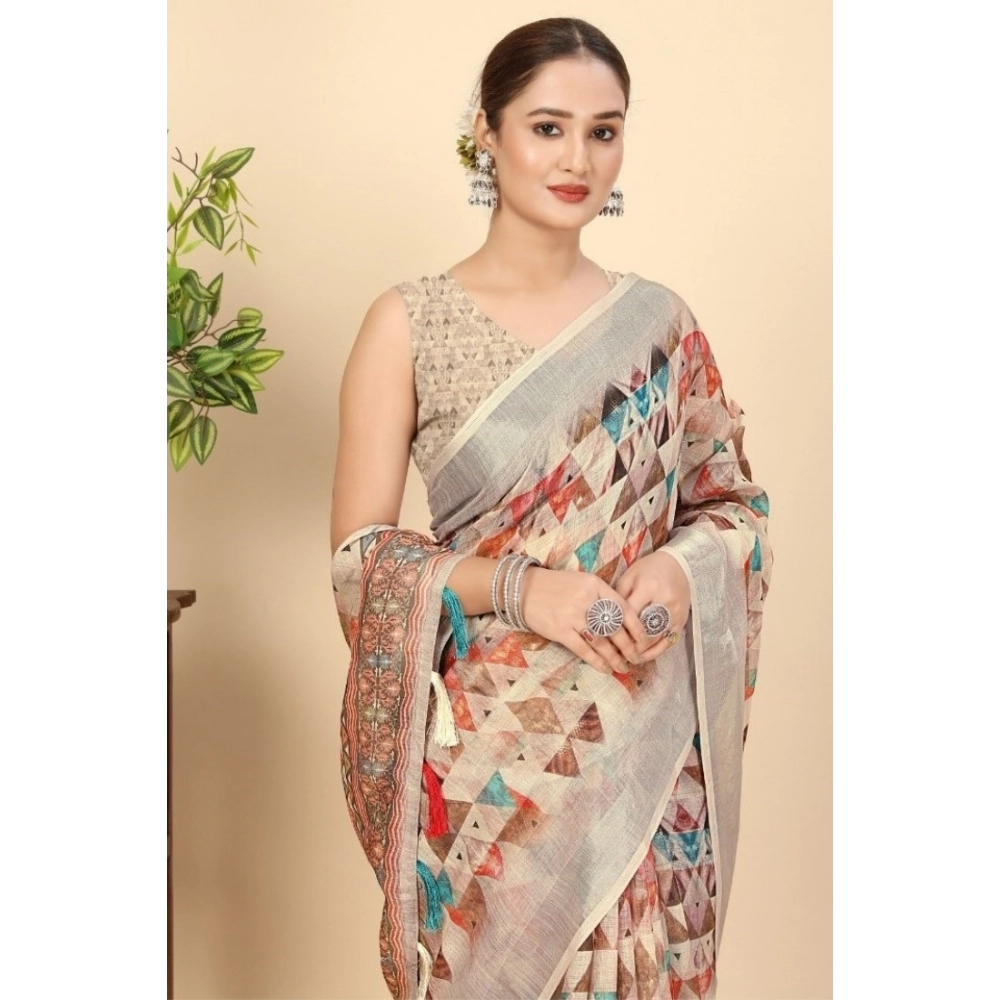 Generic Women’s Cotton Silk Printed Saree With Unstitched Blouse 5.5Mtr (Multicolor)