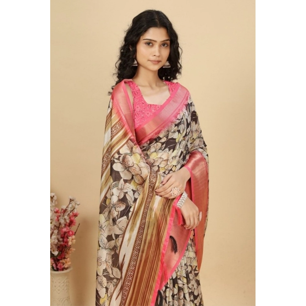 Generic Women’s Cotton Silk Floral Printed Saree With Unstitched Blouse 5.5Mtr (Black)