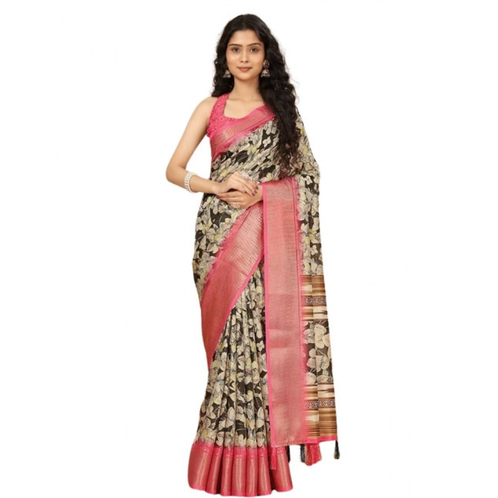 Generic Women's Cotton Silk Floral Printed Saree With Unstitched Blouse 5.5Mtr (Black) - Image 6