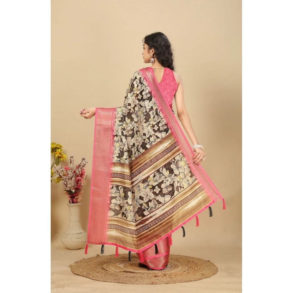 Generic Women's Cotton Silk Floral Printed Saree With Unstitched Blouse 5.5Mtr (Black) - Image 5