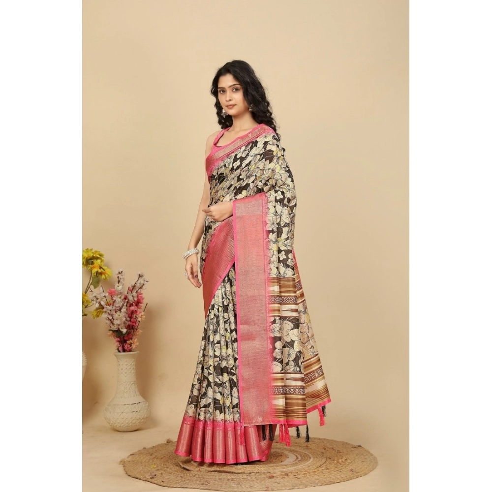Generic Women's Cotton Silk Floral Printed Saree With Unstitched Blouse 5.5Mtr (Black) - Image 4