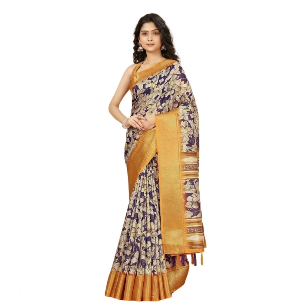 Generic Women's Cotton Silk Floral Printed Saree With Unstitched Blouse 5.5Mtr (Purple) - Image 6