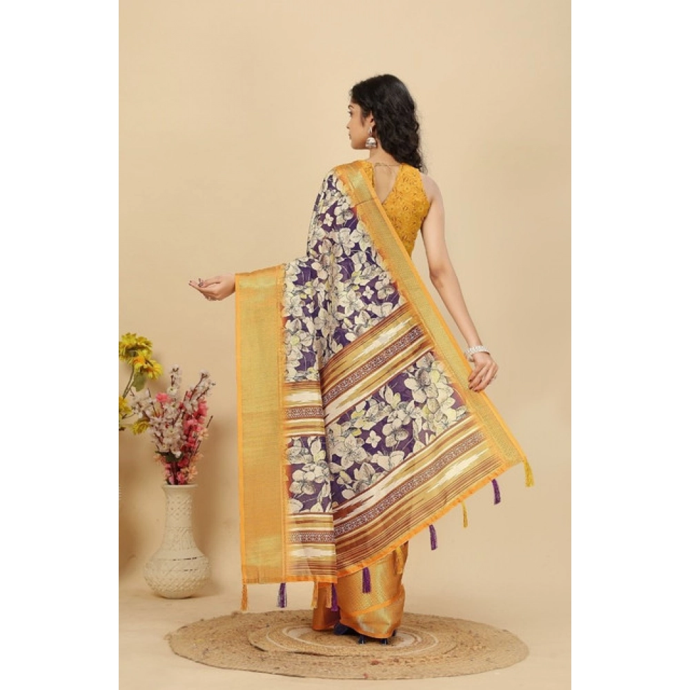 Generic Women's Cotton Silk Floral Printed Saree With Unstitched Blouse 5.5Mtr (Purple) - Image 5