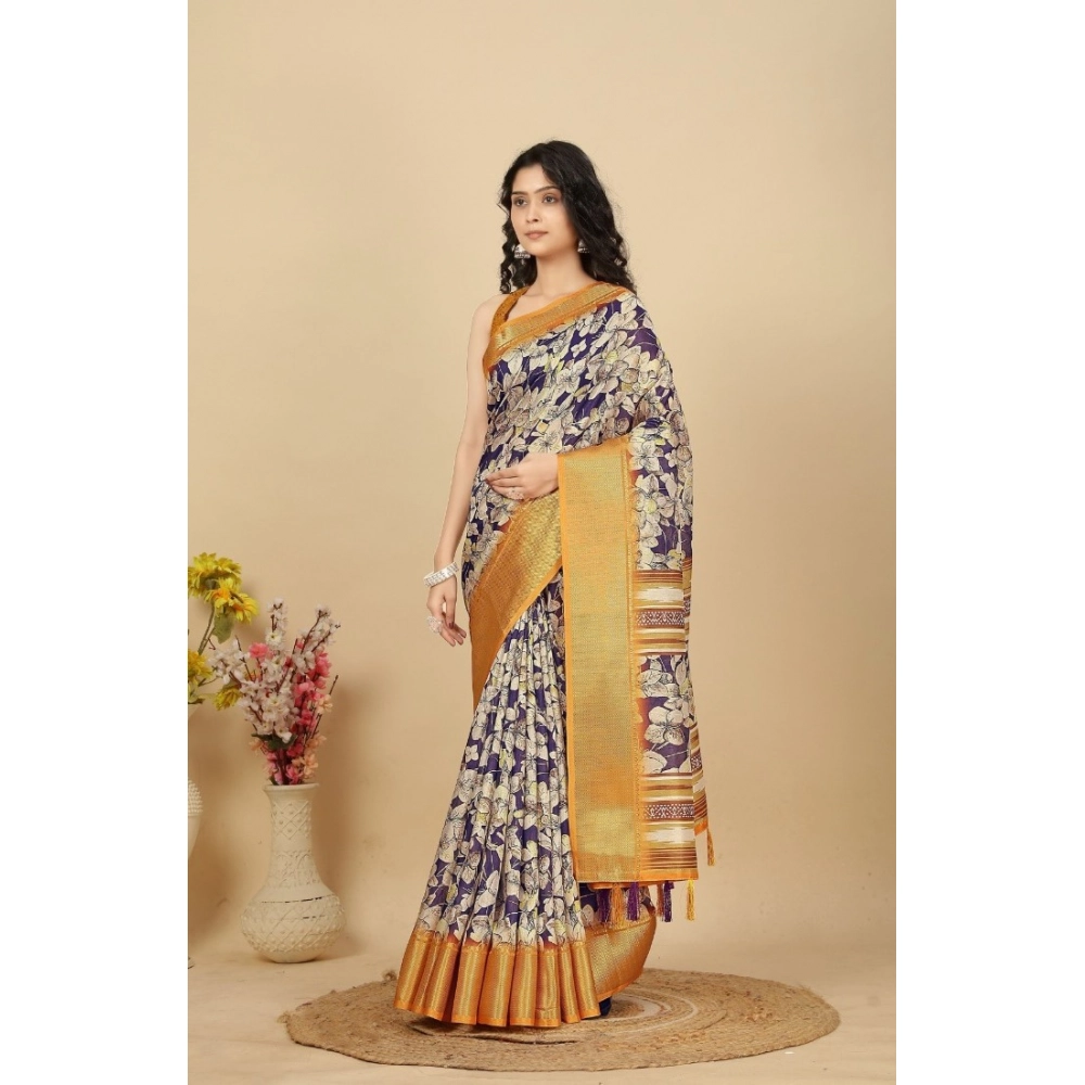 Generic Women's Cotton Silk Floral Printed Saree With Unstitched Blouse 5.5Mtr (Purple) - Image 4