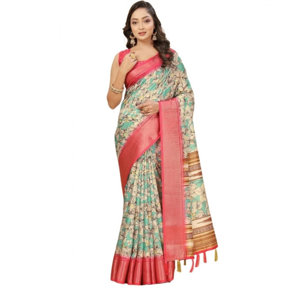 Generic Women's Cotton Silk Floral Printed Saree With Unstitched Blouse 5.5Mtr (Multicolor) - Image 6