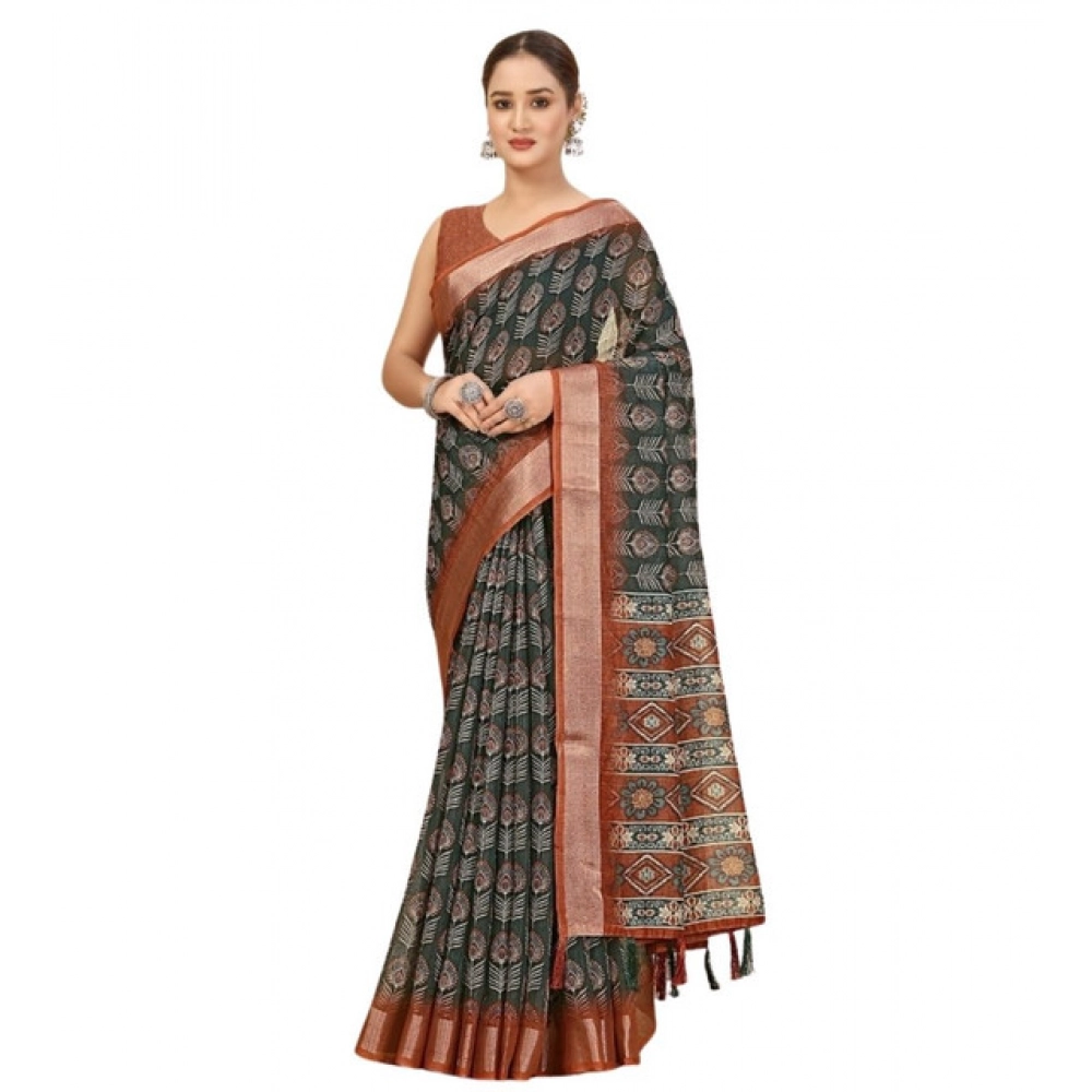 Generic Women's Cotton Silk Printed Saree With Unstitched Blouse 5.5Mtr (Multicolor) - Image 4