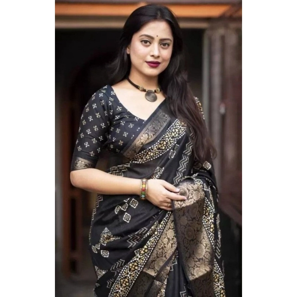 Generic Women’s Cotton Silk Printed Saree With Unstitched Blouse 5.5Mtr (Black)
