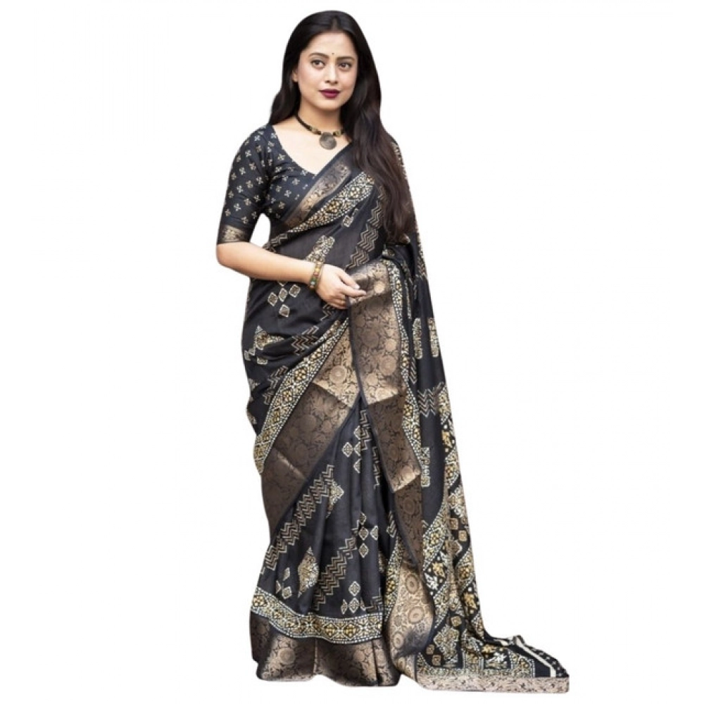 Generic Women's Cotton Silk Printed Saree With Unstitched Blouse 5.5Mtr (Black) - Image 3