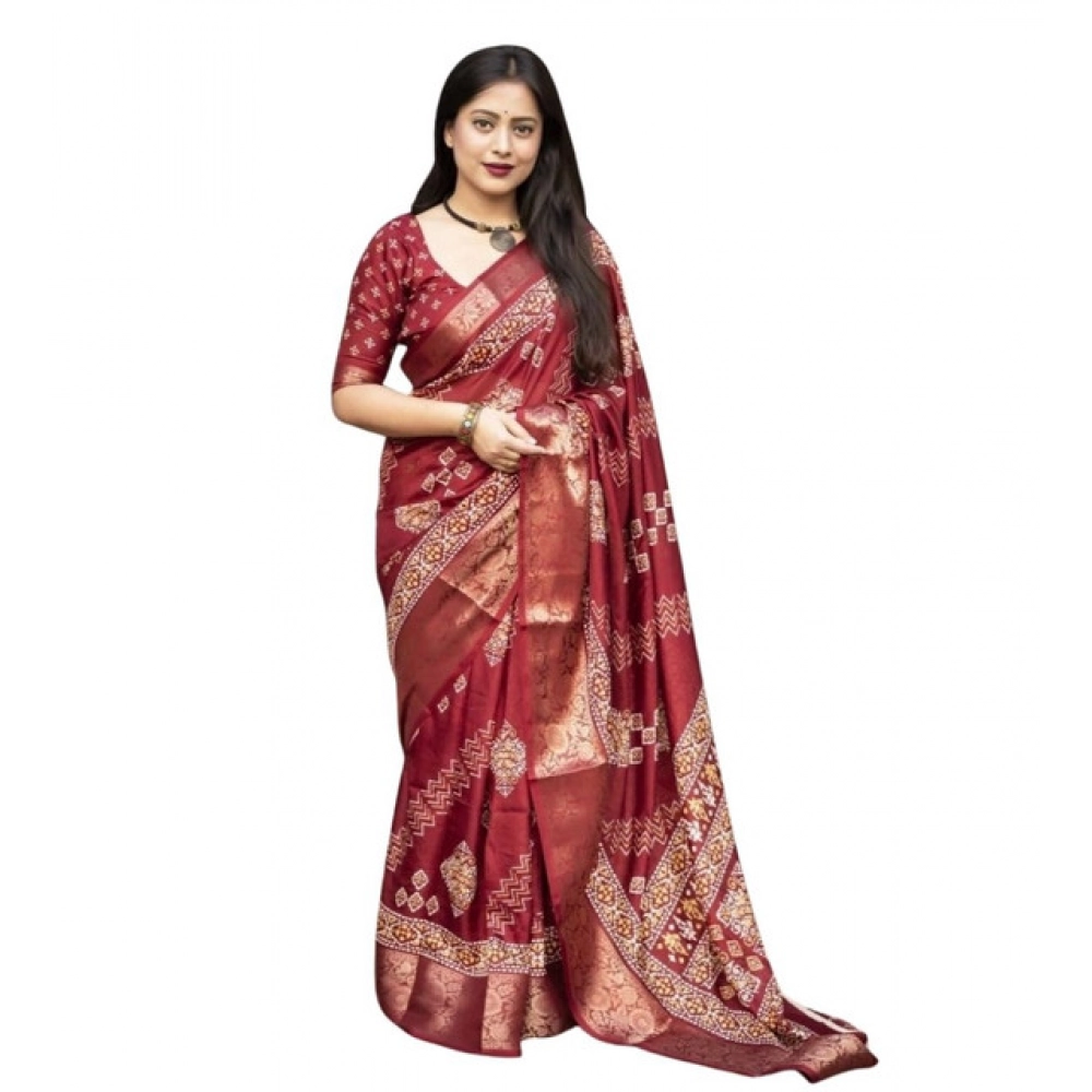 Generic Women's Cotton Silk Printed Saree With Unstitched Blouse 5.5Mtr (Maroon) - Image 5