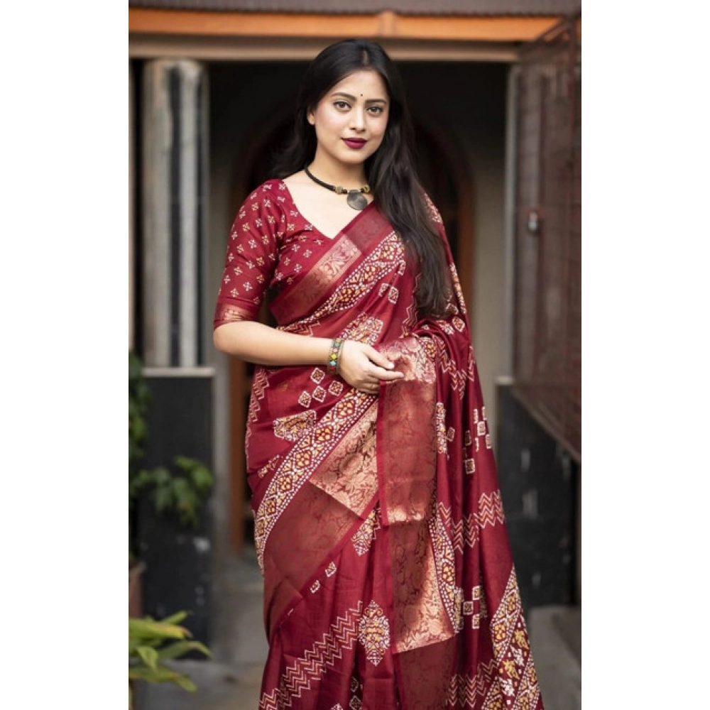 Generic Women's Cotton Silk Printed Saree With Unstitched Blouse 5.5Mtr (Maroon) - Image 4