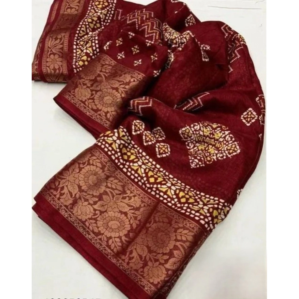 Generic Women's Cotton Silk Printed Saree With Unstitched Blouse 5.5Mtr (Maroon) - Image 3