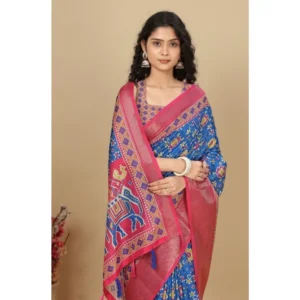 Generic Women's Cotton Silk Printed Saree With Unstitched Blouse 5.5Mtr (Blue)