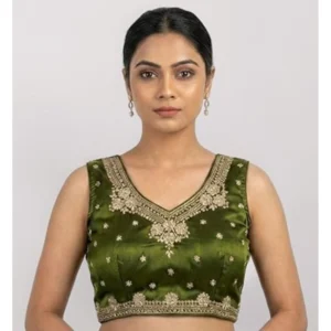 Generic Women's Silk Embroidered V-Neck Sleeveless Readymade Padded Blouse (Mahendi, Size 38)