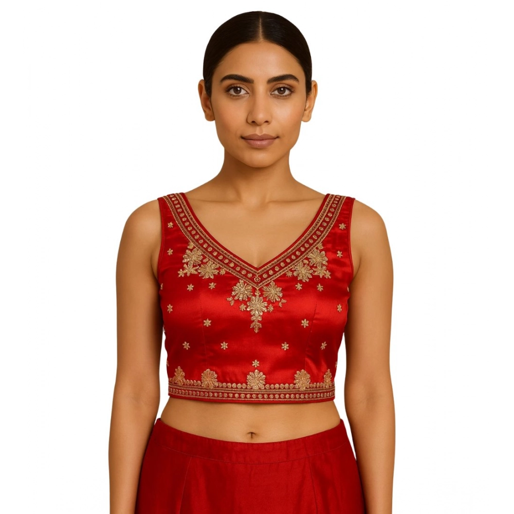 Generic Women's Silk Embroidered V-Neck Sleeveless Readymade Padded Blouse (Red, Size 38) - Image 3
