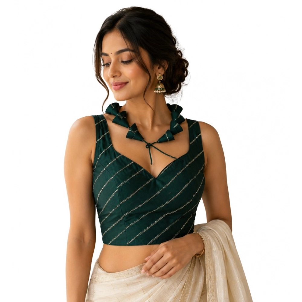 Generic Women's Silk Embellished Sweetheart Neck Sleeveless Readymade Padded Blouse (Green, Size 38) - Image 3