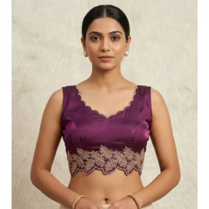 Generic Women's Silk Embroidered Sweetheart Neck Sleeveless Readymade Padded Blouse (Wine, Size 38)