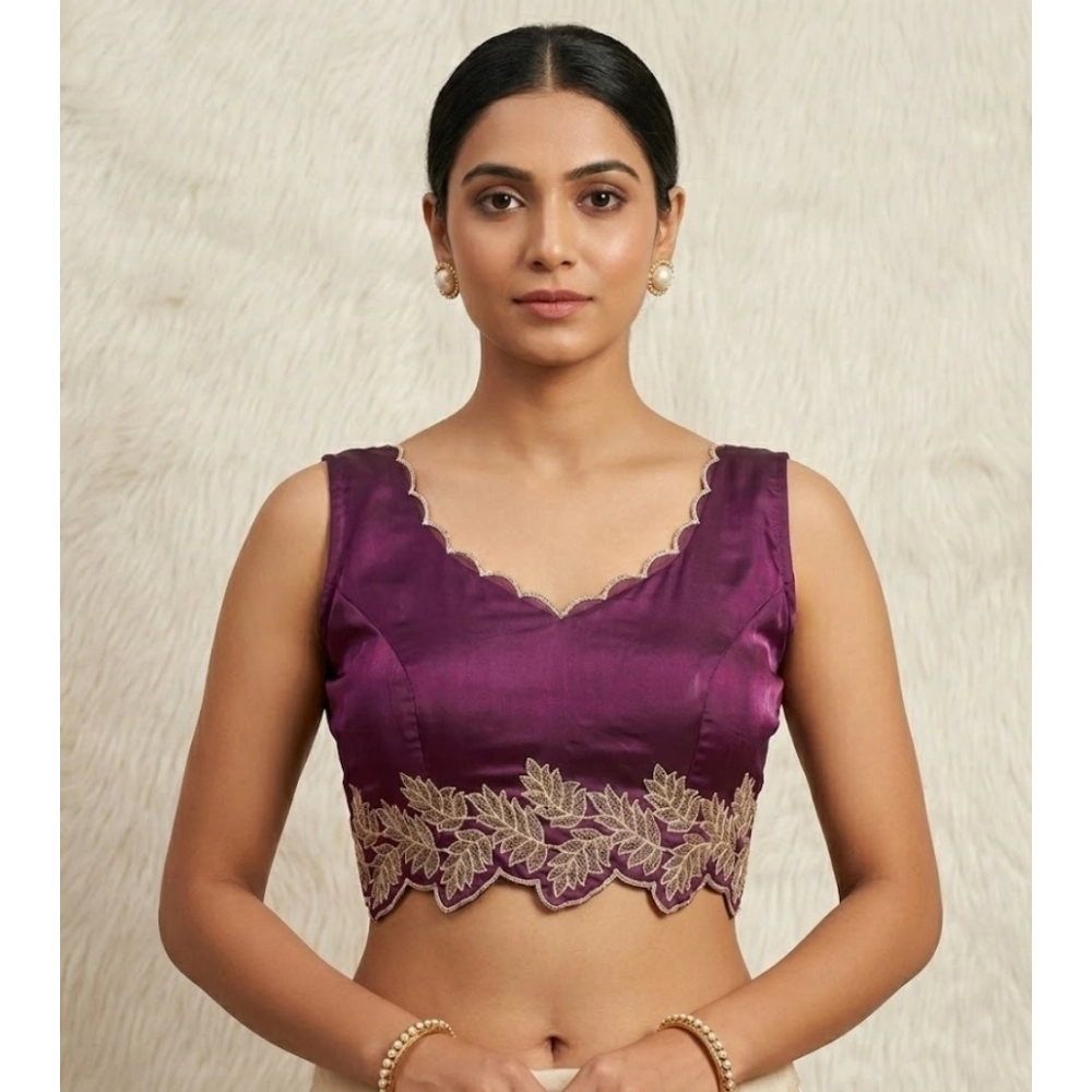 Generic Women’s Silk Embroidered Sweetheart Neck Sleeveless Readymade Padded Blouse (Wine, Size 38)