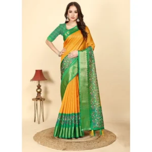 Generic Women's Cotton Silk Printed Saree With Unstitched Blouse 5.5Mtr (Yellow Green)