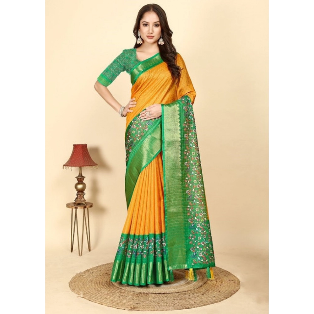 Generic Women’s Cotton Silk Printed Saree With Unstitched Blouse 5.5Mtr (Yellow Green)