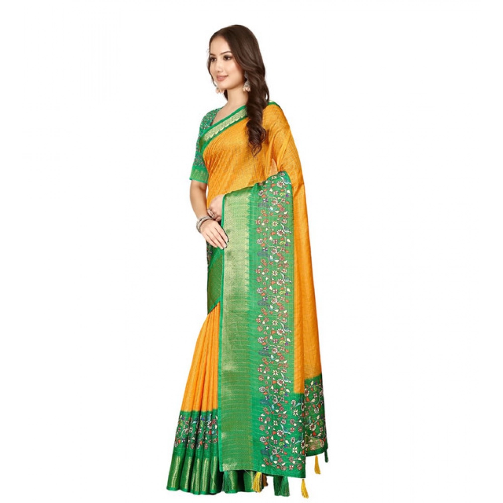 Generic Women's Cotton Silk Printed Saree With Unstitched Blouse 5.5Mtr (Yellow Green) - Image 6