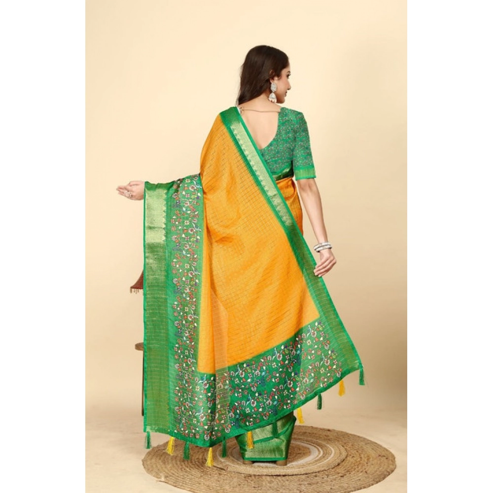 Generic Women's Cotton Silk Printed Saree With Unstitched Blouse 5.5Mtr (Yellow Green) - Image 5