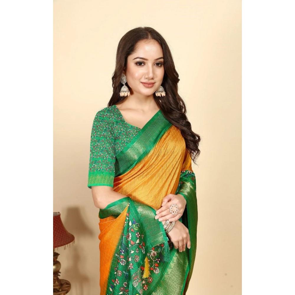 Generic Women's Cotton Silk Printed Saree With Unstitched Blouse 5.5Mtr (Yellow Green) - Image 4