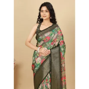 Generic Women's Cotton Silk Floral Printed Saree With Unstitched Blouse 5.5Mtr (Grey)