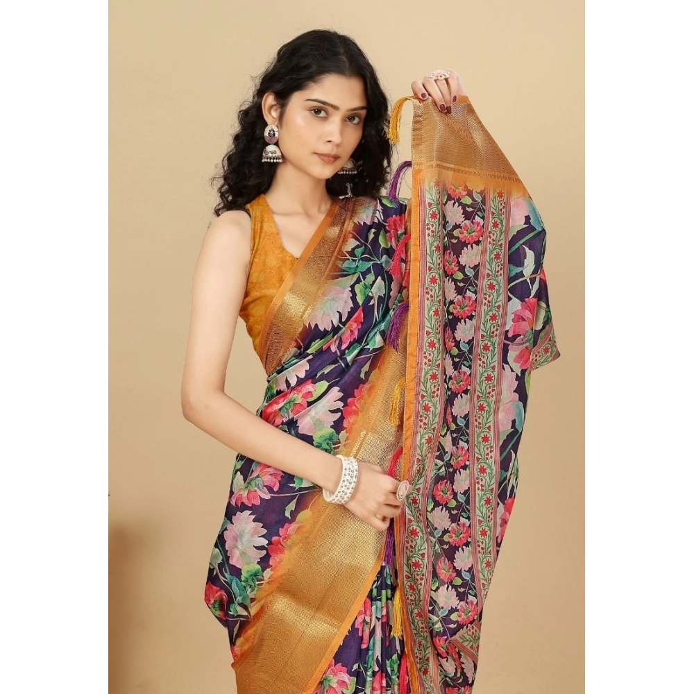 Generic Women’s Cotton Silk Floral Printed Saree With Unstitched Blouse 5.5Mtr (Purple)