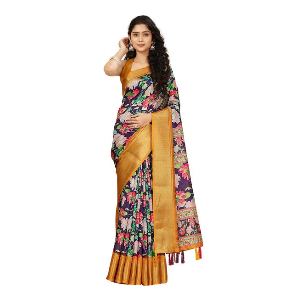 Generic Women's Cotton Silk Floral Printed Saree With Unstitched Blouse 5.5Mtr (Purple) - Image 7