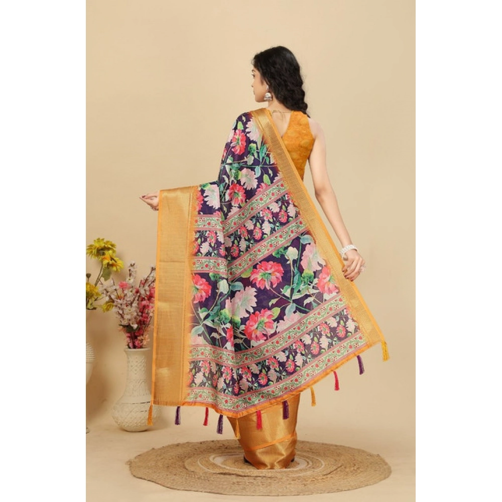 Generic Women's Cotton Silk Floral Printed Saree With Unstitched Blouse 5.5Mtr (Purple) - Image 6