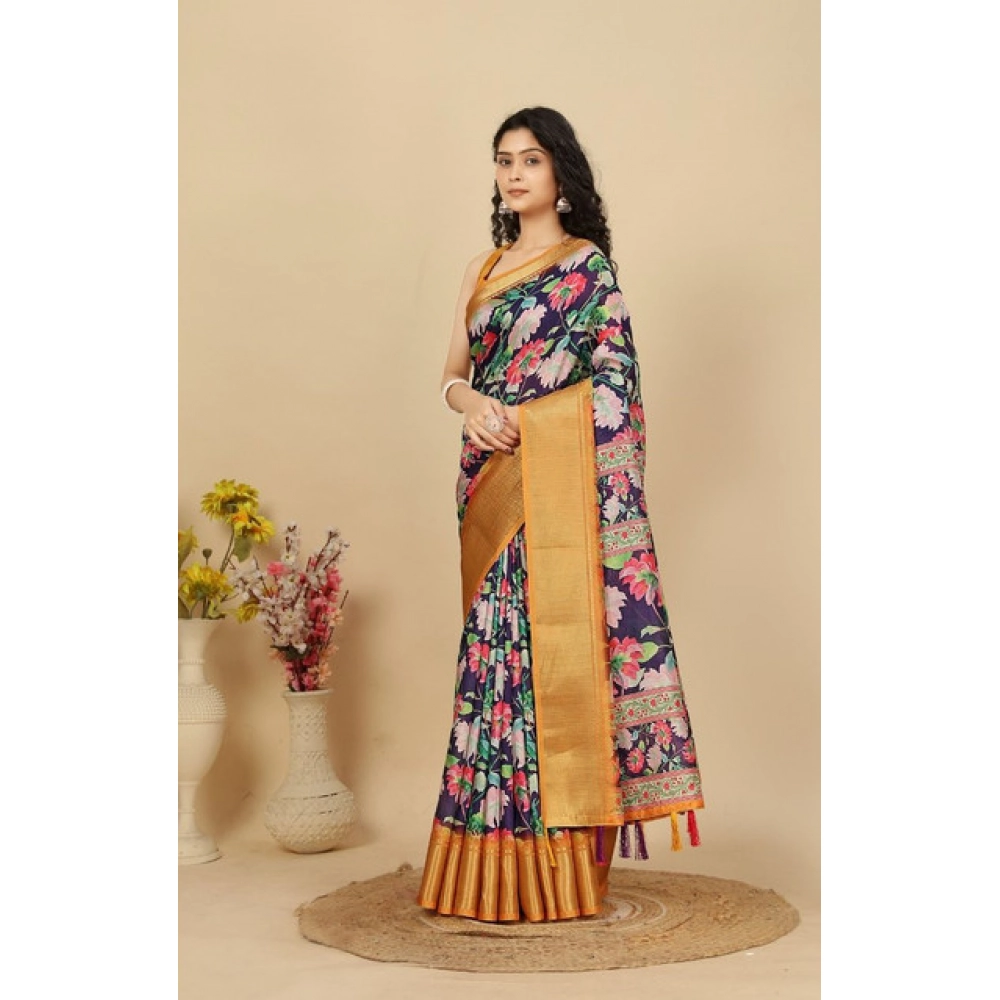 Generic Women's Cotton Silk Floral Printed Saree With Unstitched Blouse 5.5Mtr (Purple) - Image 5